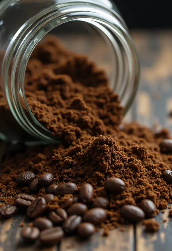 Ground coffee and roasted coffee beans with a wooden spoon on a rustic background