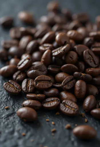 Roasted coffee beans scattered on a rustic wooden surface
