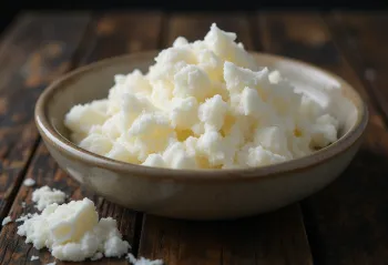 Fresh farmer cheese made from goat's milk in a white ceramic bowl on a wooden table