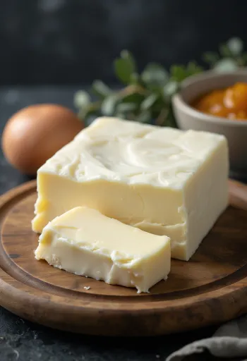Goat butter in a small ceramic bowl, creamy texture, on rustic wood surface