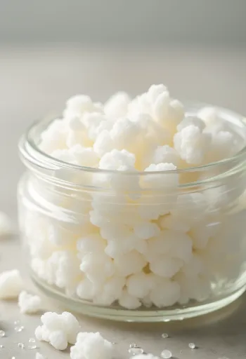 Fresh kefir grains in a wooden bowl next to milk and wooden utensils on a rustic surface