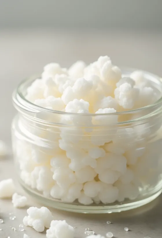 Fresh kefir grains in a wooden bowl next to milk and wooden utensils on a rustic surface