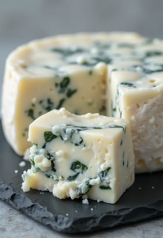 Sliced and crumbled blue cheese on a wooden cutting board, in kitchen environment