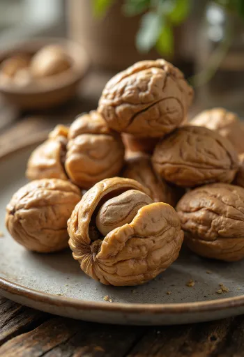 Cracked hard-shell walnut kernels in a rustic bowl, under natural light