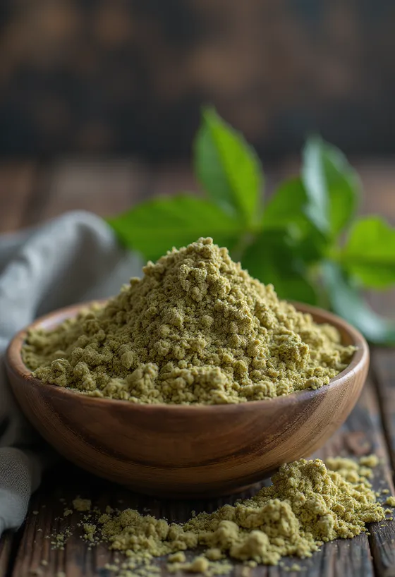 Hemp flour in a ceramic bowl, next to hemp seeds and a wooden spoon
