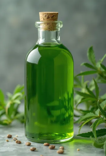 Hemp seed oil in a small bottle, next to raw hemp seeds in a bowl