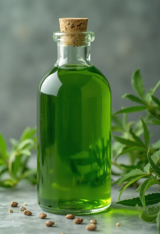 Hemp seed oil in a small bottle, next to raw hemp seeds in a bowl