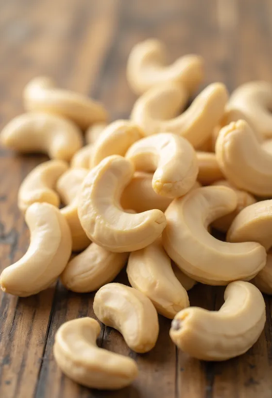Shelled cashew kernels in a wooden bowl and scattered on a light surface