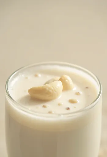 Cashew milk being poured into a glass, next to cashews in a bowl and scattered on the counter