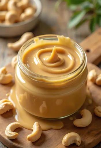 Cashew butter in a jar with a spoon and whole cashews on a wooden surface