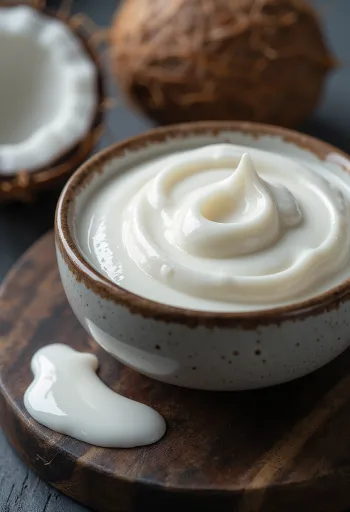 Thick coconut cream in a glass bowl, next to a halved coconut and a spoonful of cream