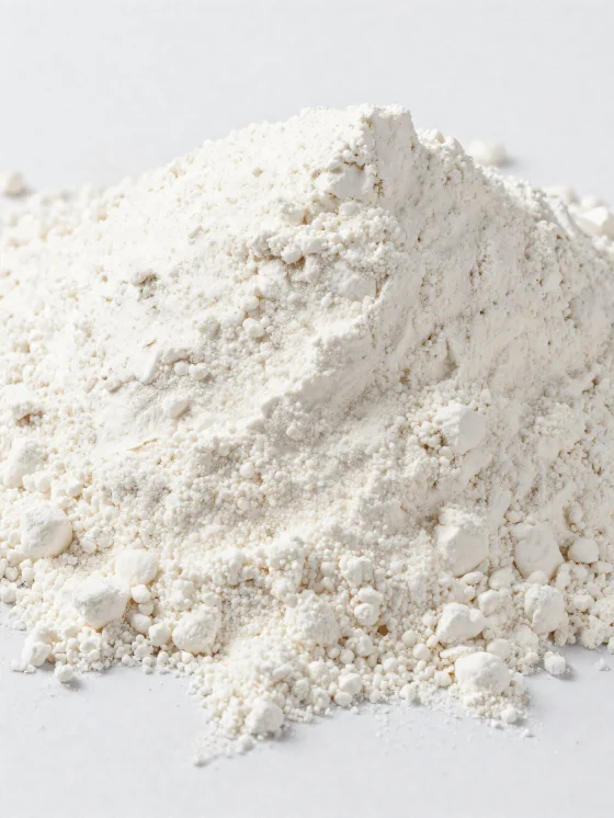 Coconut flour in a ceramic bowl, light-colored, fine-textured powder on a wooden surface