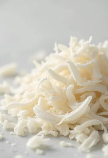 Desiccated coconut in a small bowl and scattered on a light surface