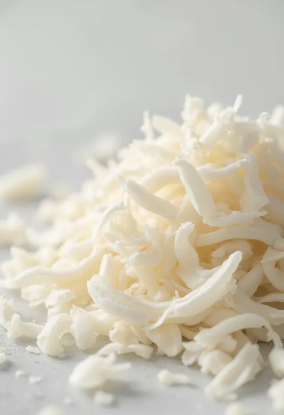 Desiccated coconut in a small bowl and scattered on a light surface