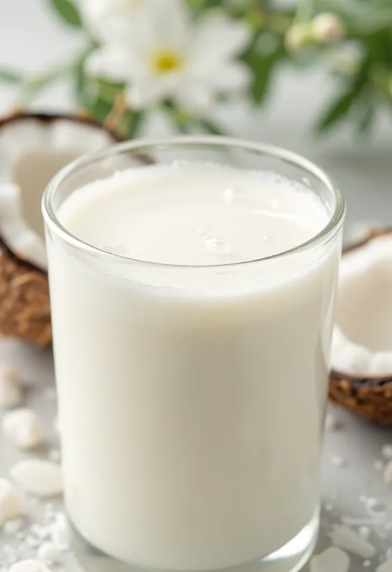 Coconut milk being poured from a bottle into a clear bowl, next to half a coconut