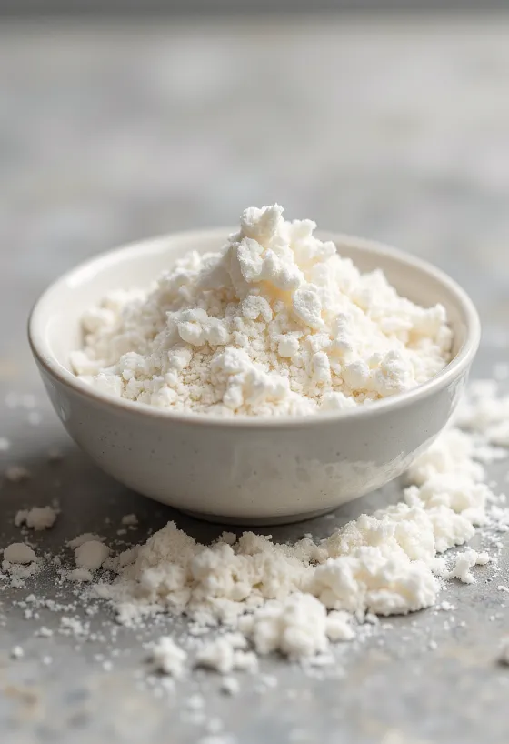 Coconut milk powder in a bowl and scattered on a kitchen surface