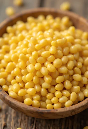 Raw millet with yellowish grains in a ceramic bowl, on a wooden surface