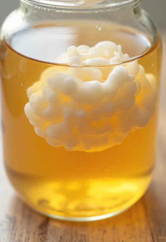 Kombucha base ingredients: SCOBY, black tea, sugar, and fermentation jar on a wooden surface