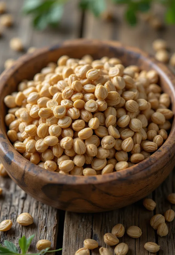 Coriander seeds in a ceramic bowl and wooden spoon on a rustic surface