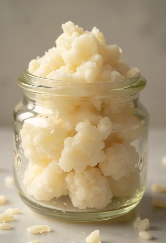 Live sourdough starter with bubbly surface in a glass jar, with flour and wooden spoon on rustic background