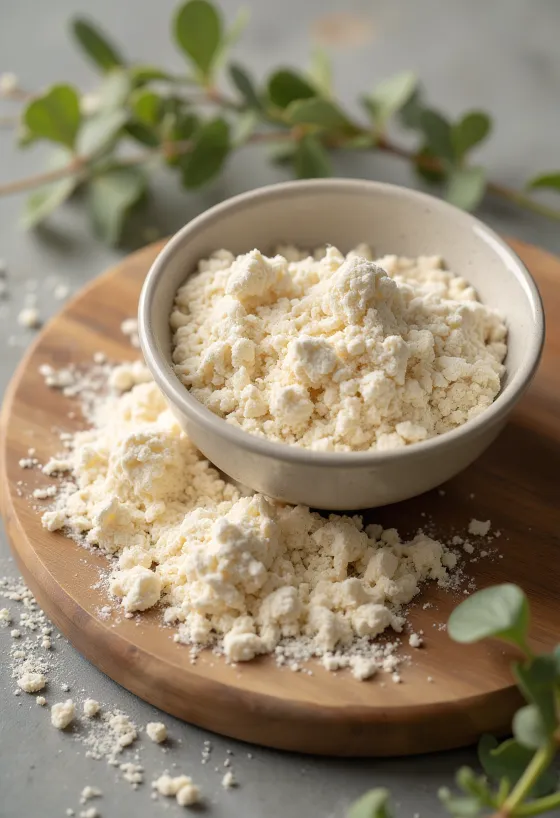 Sourdough flour in a ceramic bowl with wooden spoon and starter jar on rustic wood surface