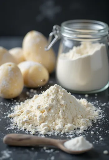 Potato flour in a bowl, with a wooden spoon, scattered on a kitchen surface