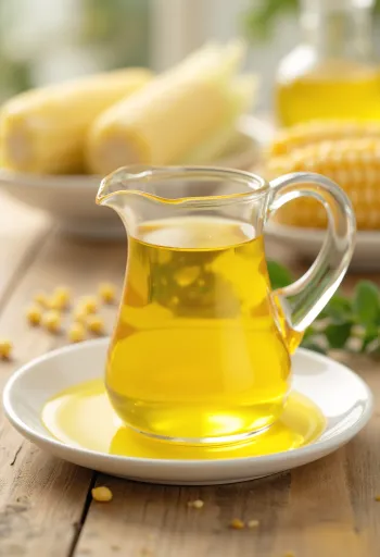 Corn oil in a glass bottle, with corn kernels and cornmeal