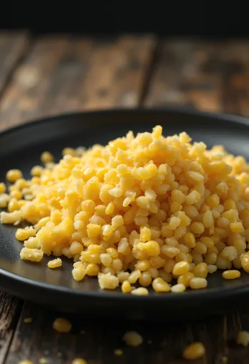 Corn germ in a small bowl and scattered on a wooden kitchen surface