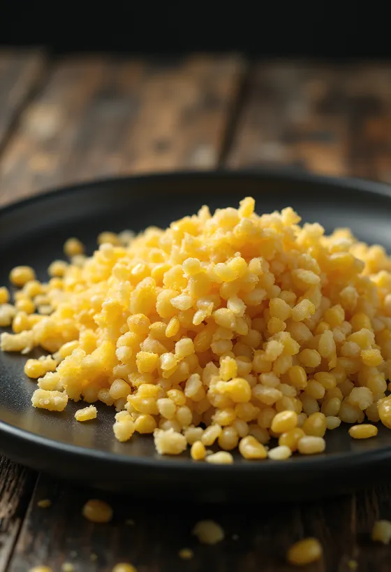 Corn germ in a small bowl and scattered on a wooden kitchen surface