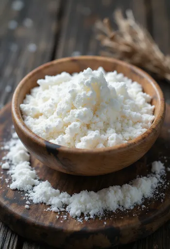 Cornstarch in a bowl, with a wooden spoon, as a kitchen ingredient