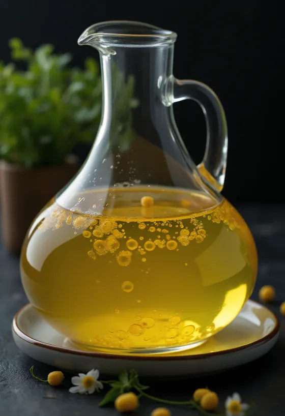 Corn oil in a small glass bowl, next to corn kernels and germ
