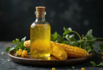 Corn oil in a small glass bowl, next to corn kernels and germ
