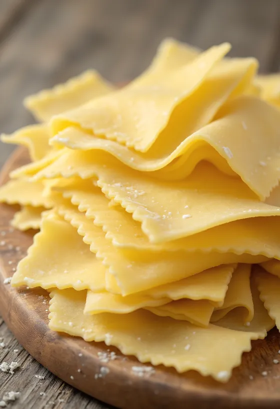 Dry lasagne sheets scattered on a wooden surface, layered