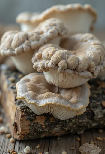 Fresh oyster mushrooms on a wooden table in a natural kitchen setting