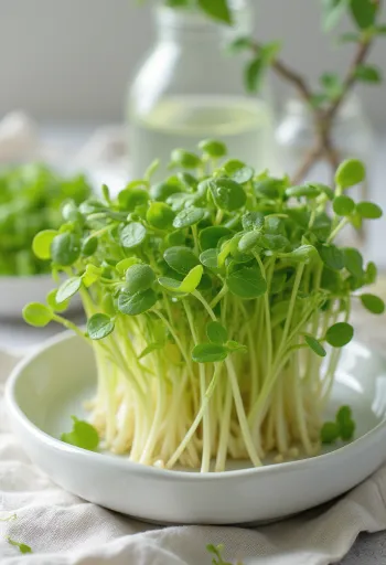 Fresh lentil sprouts on a white plate with some sprouted lentil seeds