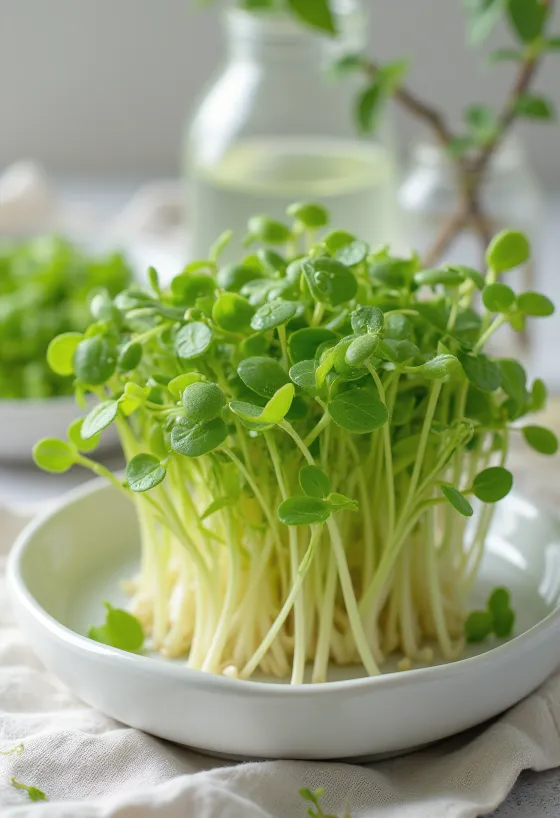 Fresh lentil sprouts on a white plate with some sprouted lentil seeds