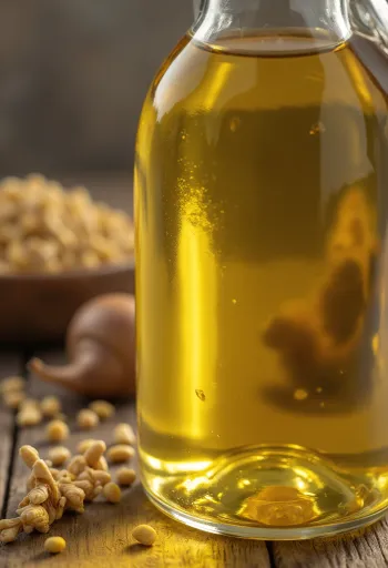 Flaxseed oil in an amber bottle and small bowl on a light surface