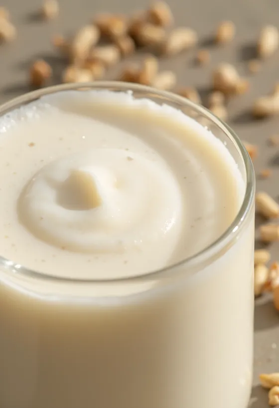 Flaxseed milk poured into a glass, next to golden and brown flaxseeds in a bowl