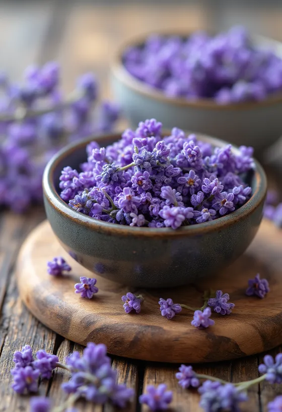 Dried and fresh lavender in a bowl and bunch, in a kitchen setting