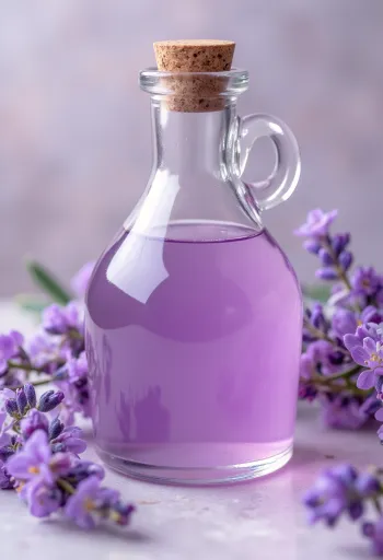 Homemade lavender syrup in a bottle with fresh lavender