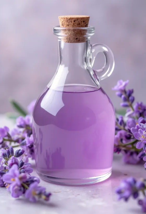 Homemade lavender syrup in a bottle with fresh lavender