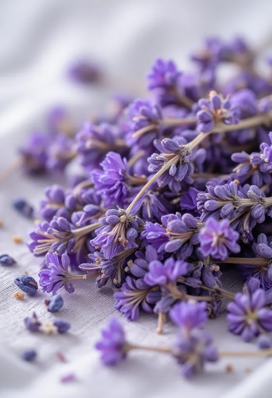 Fresh and dried lavender flowers in a bowl, with lemon and honey