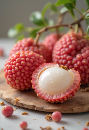 Sliced and whole lychees with white flesh and brown seed on a rustic wooden surface