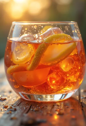 Liqueur bottle and glass, surrounded by spices and natural flavorings