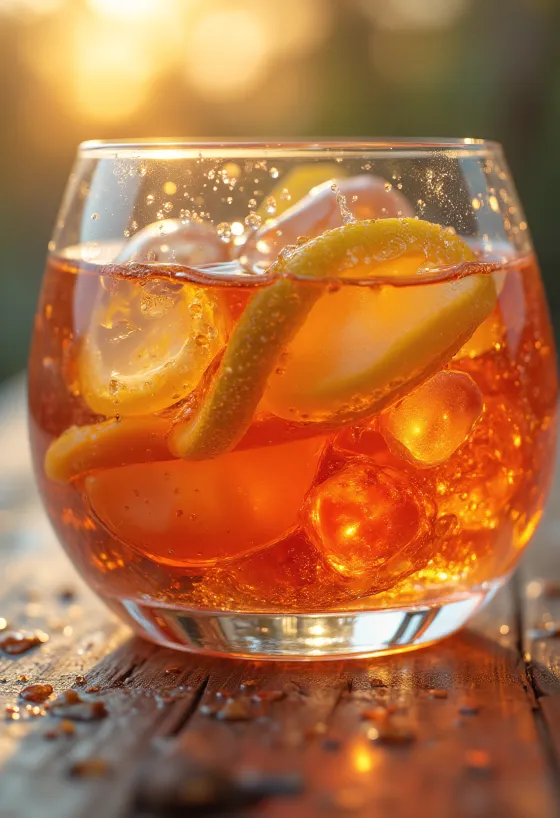 Liqueur bottle and glass, surrounded by spices and natural flavorings