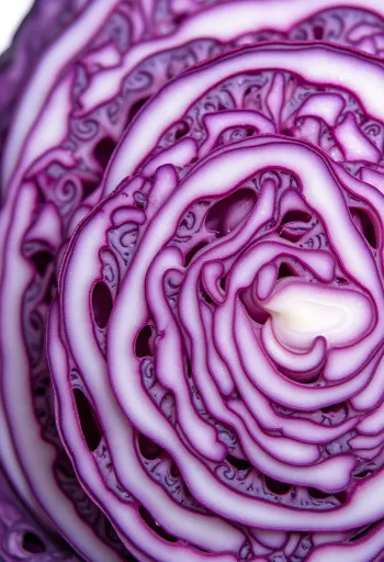 Fresh red cabbage cut in half with vibrant colored leaves