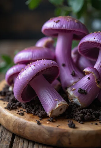 Sliced and cleaned Wood Blewit mushrooms on a kitchen board