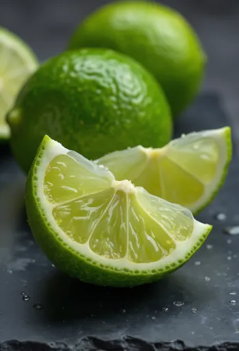 Fresh limes whole and halved in a bowl and on a rustic wooden table, with lime water