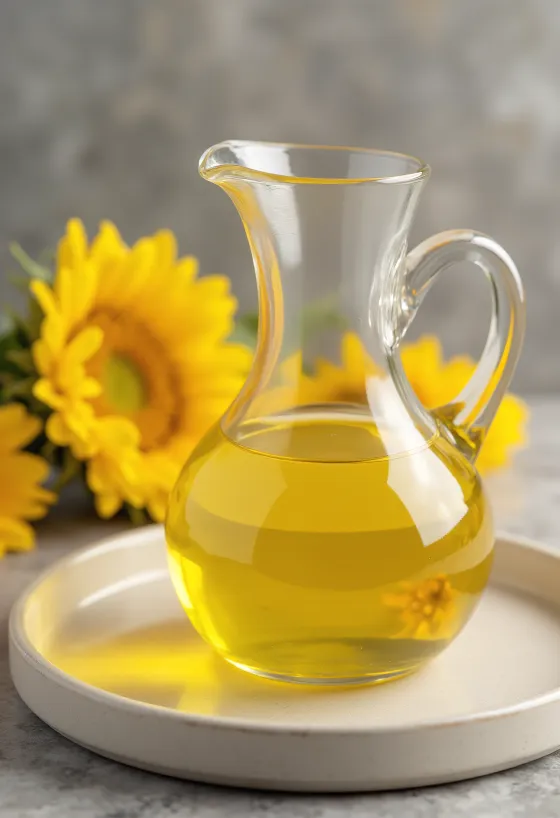 High oleic sunflower oil in a light glass bowl, with sunflower seeds