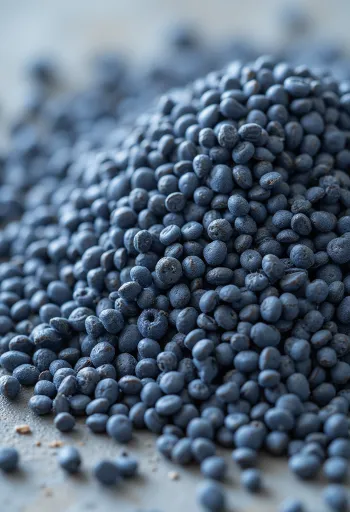 Poppy seeds in a ceramic bowl and scattered on a light surface